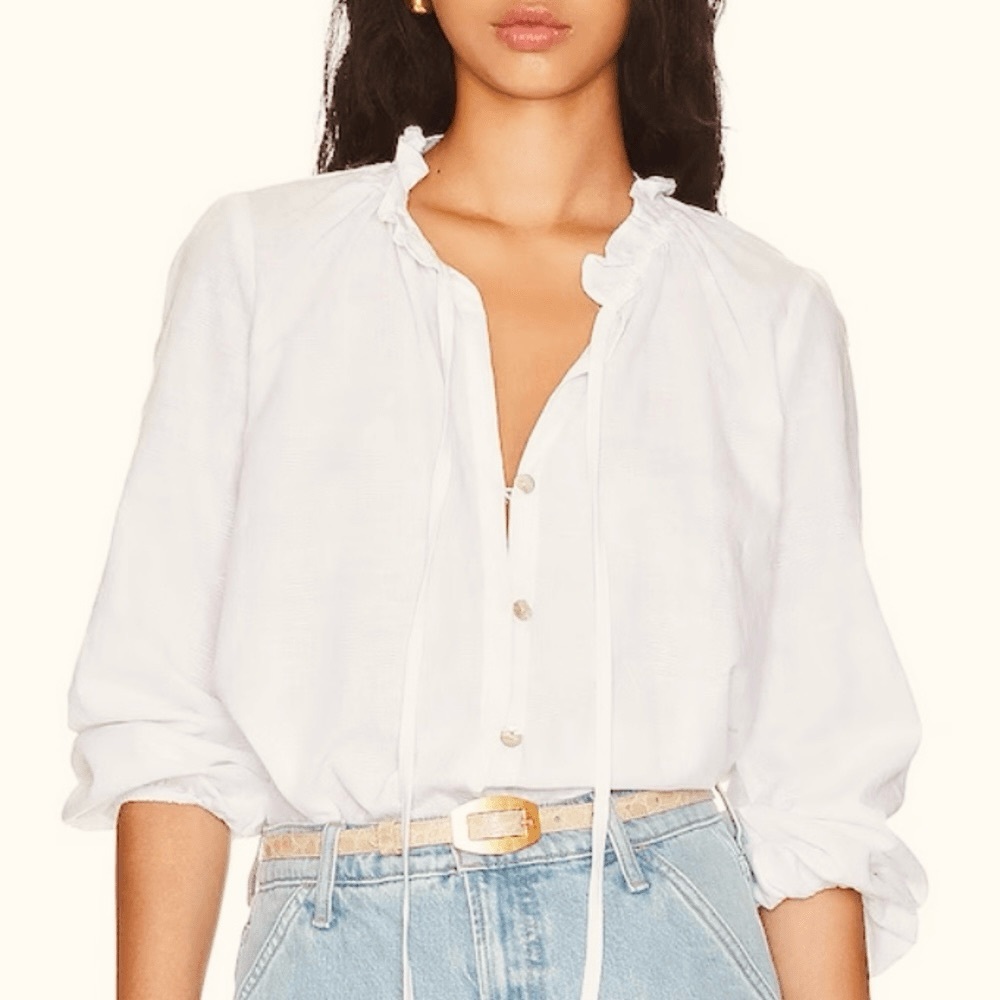 SHOW ME YOUR MUMU Alicia Button Up Shirt White Blouse Ruffle Neck Top w Tassels